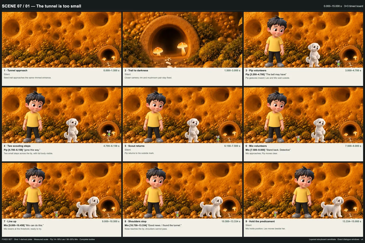 Nine-panel storyboard for Clever Little Rat scene 7: Leo, Mio and Pip at a tiny tunnel, each panel labelled with timing and dialogue.